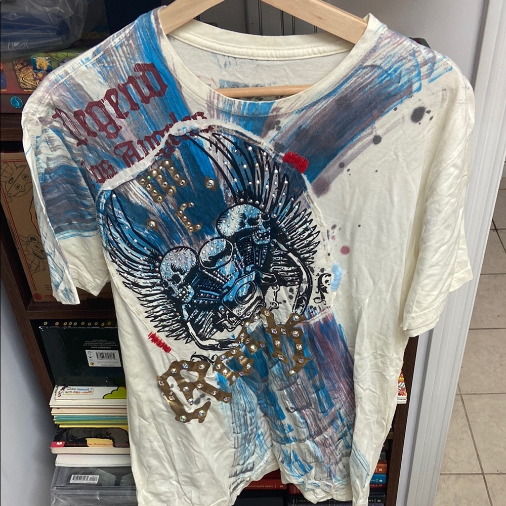 Y2K Motor City Legends Bejewelled Skulls Graphic Tee with Blue and Red Accents